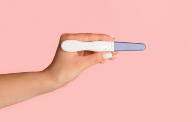 Unrecognizable woman holding blank pregnancy or ovulation test on pink background, closeup. Copy space