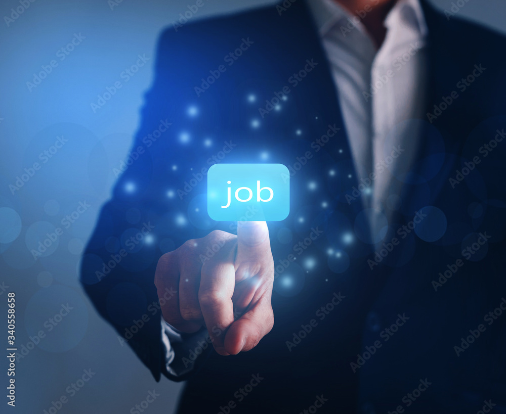 Aufkleber Person which click on virtual button with text find job. Person searching for a new job. Job search concept.