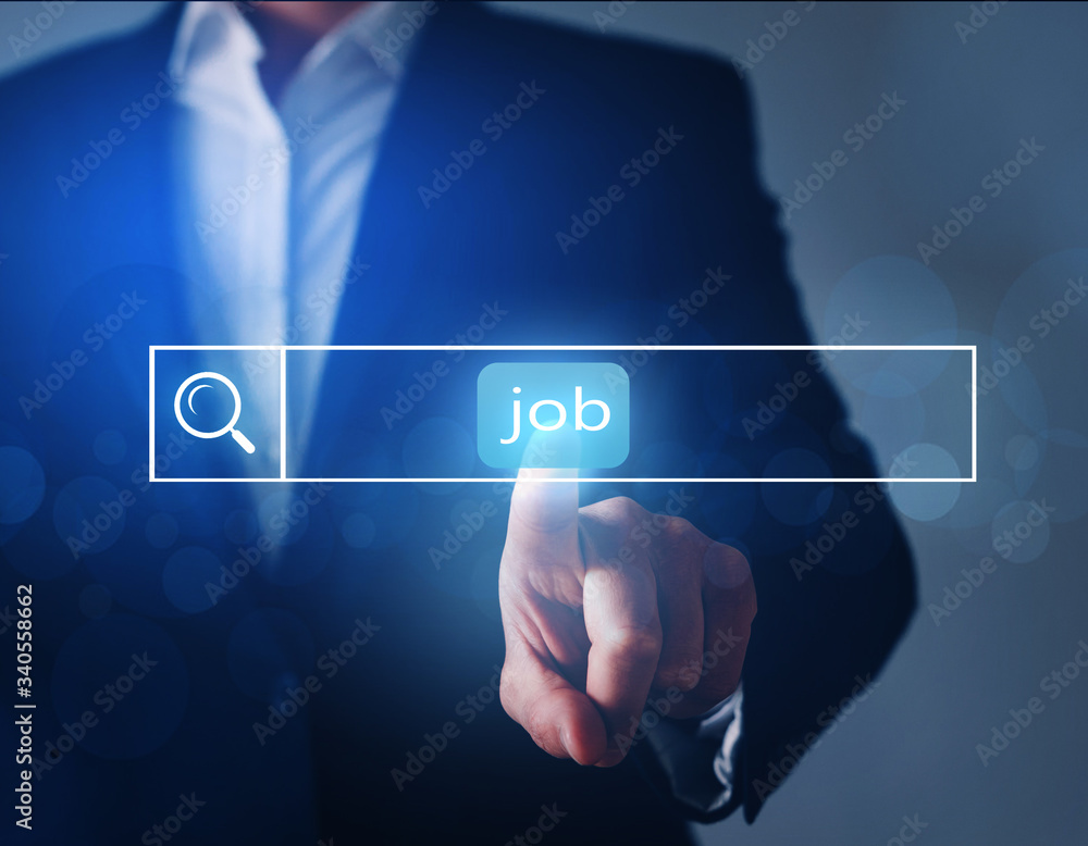 Poster Person which click on virtual button with text find job. Person searching for a new job. Job search concept.