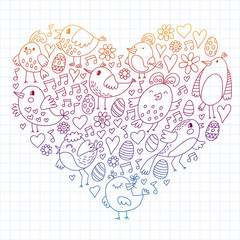 Pattern kids fabric, textile, nursery wallpaper. Vector illustration. Hand drawn singing birds and flowers for little children.