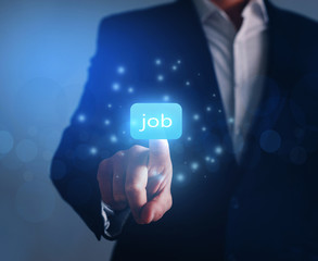 Person which click on virtual button with text find job. Person searching for a new job. Job search...