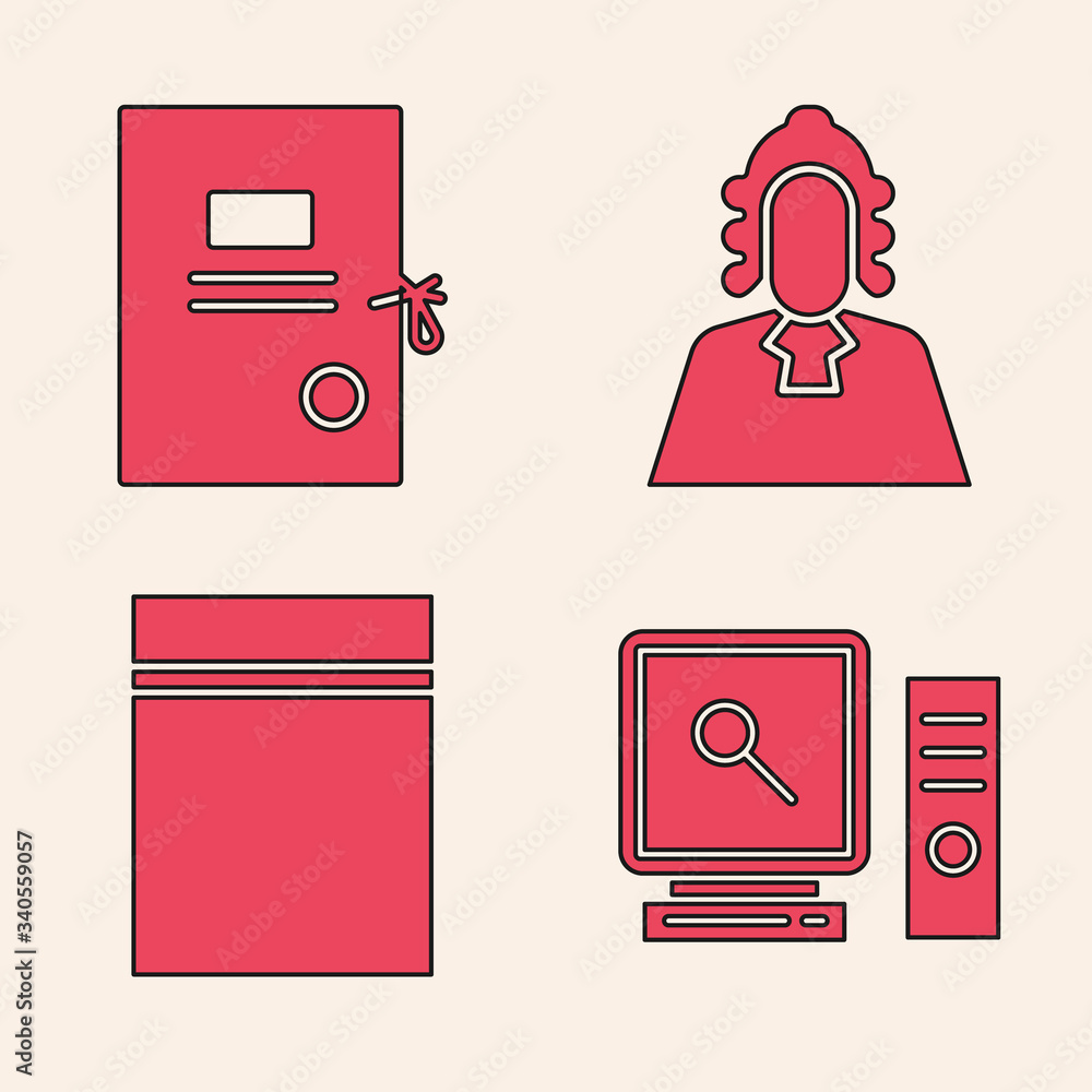 Poster set search on computer screen, lawsuit paper, judge and plastic bag with ziplock icon. vector