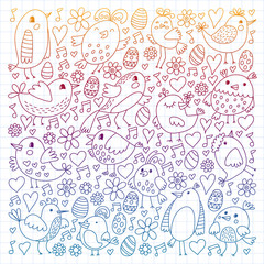 Pattern kids fabric, textile, nursery wallpaper. Vector illustration. Hand drawn singing birds and flowers for little children.