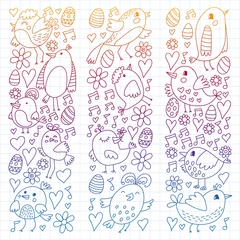Raamstickers Pattern kids fabric, textile, nursery wallpaper. Vector illustration. Hand drawn singing birds and flowers for little children. © Anastasia