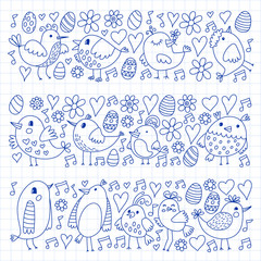 Pattern kids fabric, textile, nursery wallpaper. Vector illustration. Hand drawn singing birds and flowers for little children.