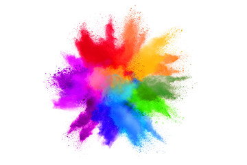 Fototapeta na wymiar Freeze motion of colorful color powder exploding on white background.