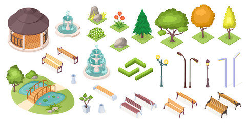 Park trees and landscape elements set, vector isolated isometric icons. Park and garden landscaping constructor, isometric trees, ponds and benches, fountain, plants and flowers, grass and hedges - obrazy, fototapety, plakaty