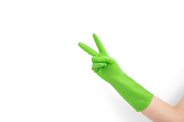 Hand with green rubber glove gesturing two 2, isolated on white. Signs of gestures (language), gloves cleaning, kitchen gloves.