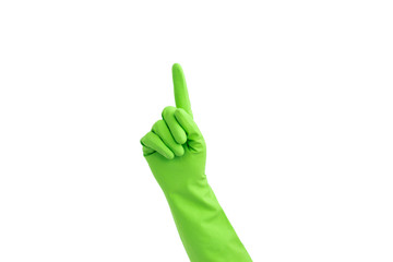 Hand with green rubber glove gesturing one 1, isolated on white. Signs of gestures (language), gloves cleaning, kitchen gloves.