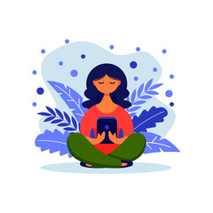 Woman with laptop sitting in nature with crossed legs. Concept illustration for freelancing, studying, online education,online shopping, working from home. Vector illustration in flat cartoon style.