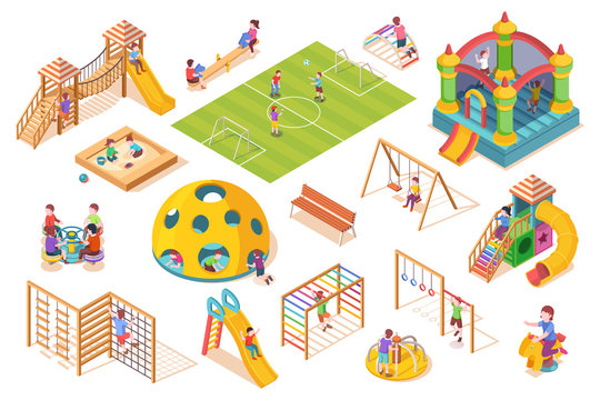 Isometric items or equipment for playground with playing kids or children. Schoolyard or play ground slide and seesaw, swing and sandbox, carousel and soccer field, ladder and castle. Outdoor game