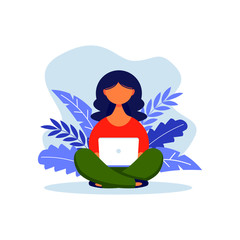 Fototapeta na wymiar Woman with laptop sitting in nature with crossed legs. Concept illustration for freelancing, studying, online education,online shopping, working from home. Vector illustration in flat cartoon style.