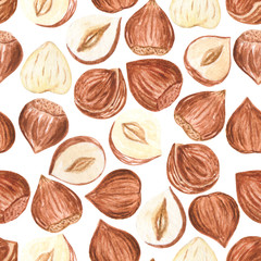 Watercolor nuts seamless pattern. Cashews, almonds, hazelnuts, walnut. Illustration for menu, catalog, restaurant, cartoon, game, kitchen, textile, decor.