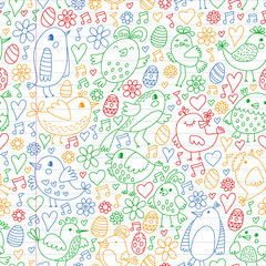 Pattern kids fabric, textile, nursery wallpaper. Vector illustration. Hand drawn singing birds and flowers for little children.