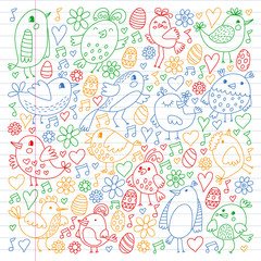 Pattern kids fabric, textile, nursery wallpaper. Vector illustration. Hand drawn singing birds and flowers for little children.