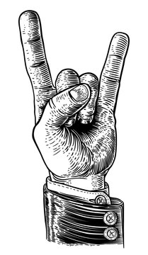 A hand in business suit doing a heavy metal rock music sign gesture in a vintage woodcut retro style