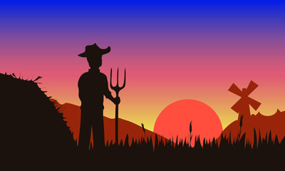 Obraz na płótnie Canvas vector illustration of a farmer in a field with a pitchfork in his hand near a haystack on a sunset background