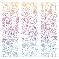 Raamstickers Pattern kids fabric, textile, nursery wallpaper. Vector illustration. Hand drawn singing birds and flowers for little children. © Anastasia