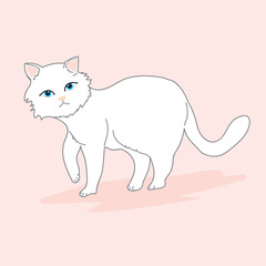 Cat Illustration clipart. Cute white cat is walking. It has blue eyes and a pale pink nose. It's on a light coloured floor. Hand draw art..