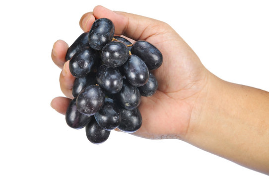 Cropped Hand Holding Grapes Against White Background