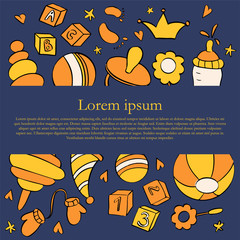 Baby themed card with text space and baby toys and items. Birthday party or baby shower card template.