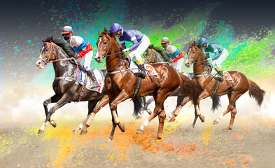 Four racing horses neck to neck in fierce competition for the finish line - obrazy, fototapety, plakaty