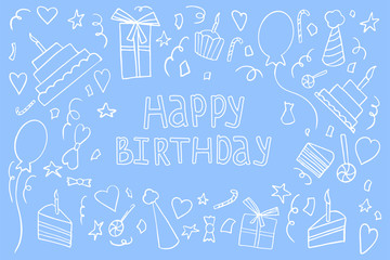 Happy birthday invitation card template. Hand drawn birthday elements.