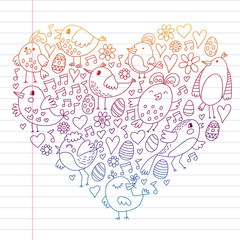 Pattern kids fabric, textile, nursery wallpaper. Vector illustration. Hand drawn singing birds and flowers for little children.