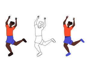 Set of three female characters. Dancing girl with raised hands in flat, cartoon and line style.