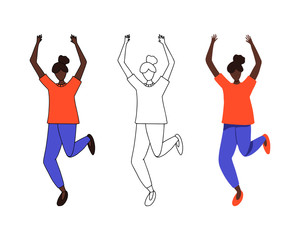 Set of three female characters. Dancing girl with raised hands in flat, cartoon and line style. Vector illustration of women for dancing or sport club advertising design.