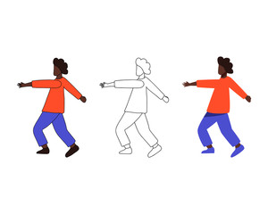 Set of three female characters. Dancing girl in flat, cartoon and line style.