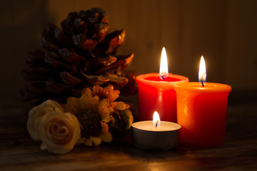 Fototapeta na wymiar red candle and christmas tree 