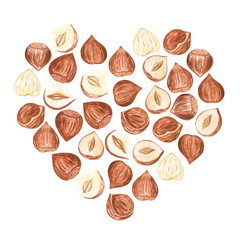 Watercolor nuts wreath. Cashews, almonds, hazelnuts, walnut. Illustration for menu, catalog, restaurant, cartoon, game, kitchen, textile, decor.