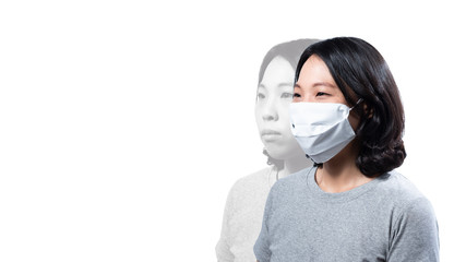Isolated woman wear face mask protection from Covid-19  with fade of normal life without mask effect change in society of human behavior about wearing mask