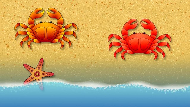 Red crabs run along the sandy seashore with waves, stopping and moving claws. Looping animated video footage with painted characters.