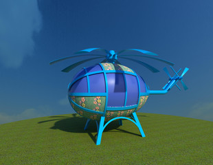 Easter egg chopper 3D illustration. Painted Easter egg decorated as helicopter toy. Collection. 