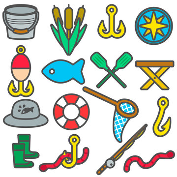 Fishing set color icons in flat style. Vector illustration.