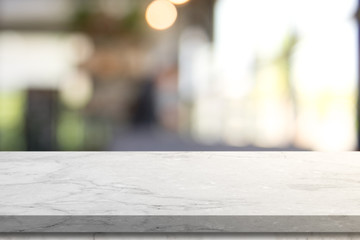 3D rendering, Empty Marble table top with light bokeh on blurred restaurant background