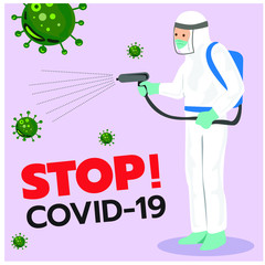 Vector illustration of personnel spraying the corona virus (Covid-19) disinfectant spray,Infographic