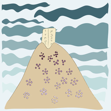 Shavuot - Jewish holiday. Vector drawing of Mount Sinai and the tablets.
