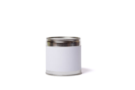 metal can with no lable. Empty can on a white.