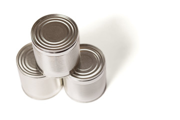 Metal cans with preservation. Cans on a white with copy space.