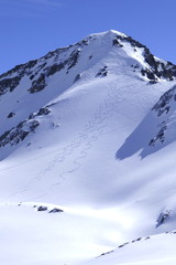 Bivio, Skitour auf den Piz dal Sasc. Blick vom Lunghinpass auf Piz Lunghin mit Abfahrtsspuren vom Skidepot.