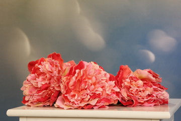 Pink flowers on a white table and a light blue background with bokeh