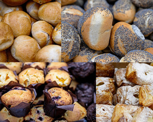 A collage of different types of soft toasted buns. Bread products. Popular food for a quick Breakfast with coffee.