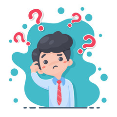 Male staff in a suit Showing signs of doubt by scratching his head And there are many question marks on the top.