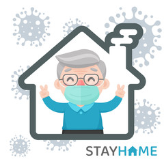 Elderly detained in the house Raise two fingers as the V sign to fight the corona virus.