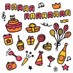 Doodle birthday set icons. Hand-drawn set of holiday signs. Vector