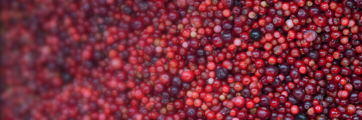 Frozen berries in grocery store shot close-up, blurred background.