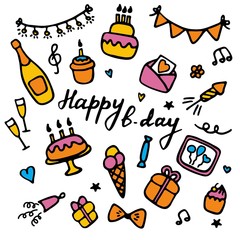 Birthdat party icon set. Hand drawn elements for banner, card, invitation, wrapping, digital. Vector